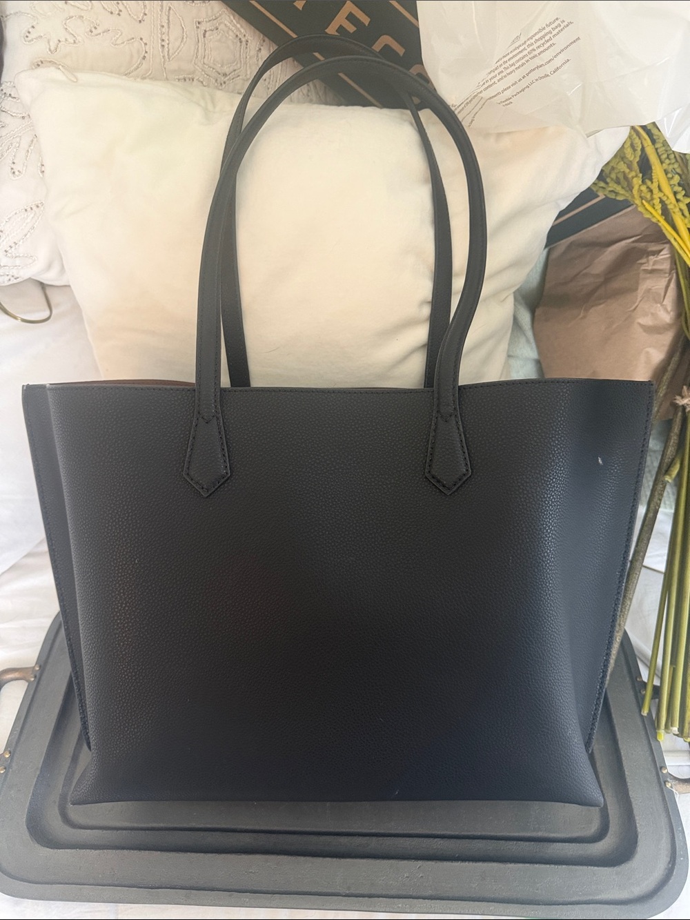 Quince Black Pebbled Tote with Slim Double Handles